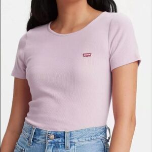 Levi's Women's Honey Ribbed Logo T Shirt Tee Pink Cotton Top New Slim Fit